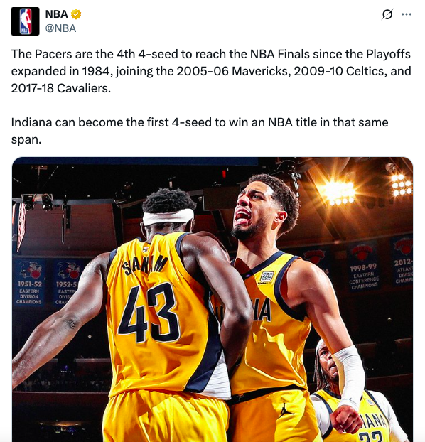 ?步行者成1984年后第4支进入NBA总决赛的四号种子球队